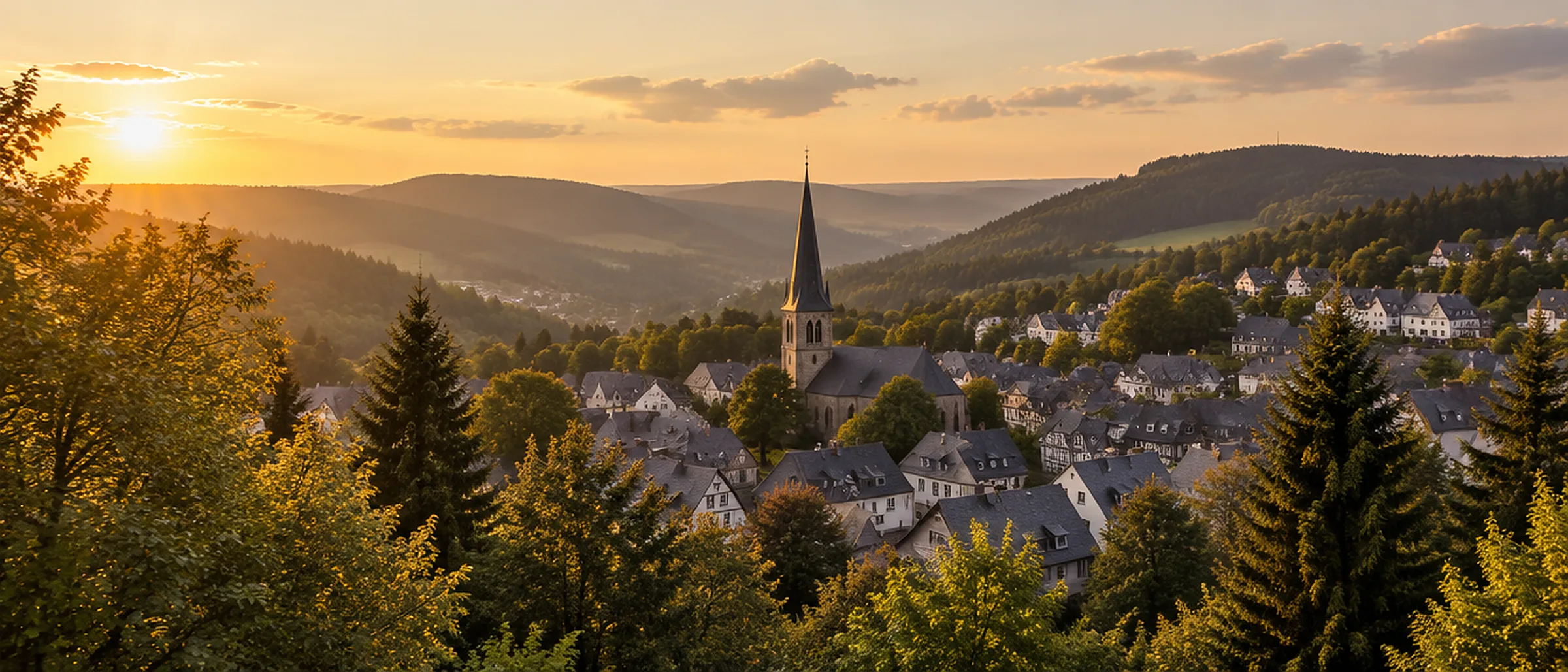 Sauerländer Kleinstadt mit Kirche zwischen bewaldeten Hügeln im Abendlicht