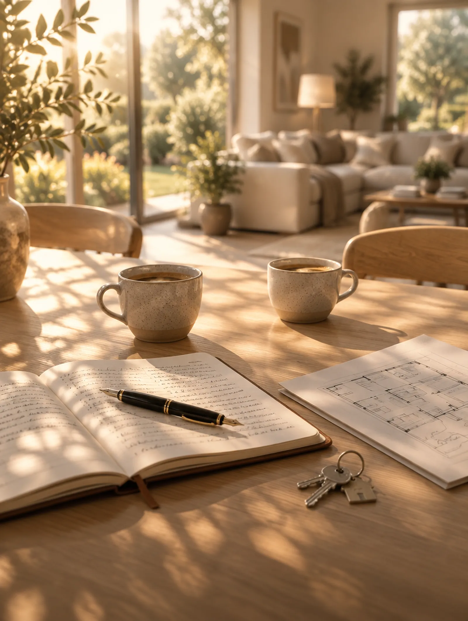 Esstisch mit zwei Kaffeetassen, Notizbuch und Grundriss im Nachmittagslicht
