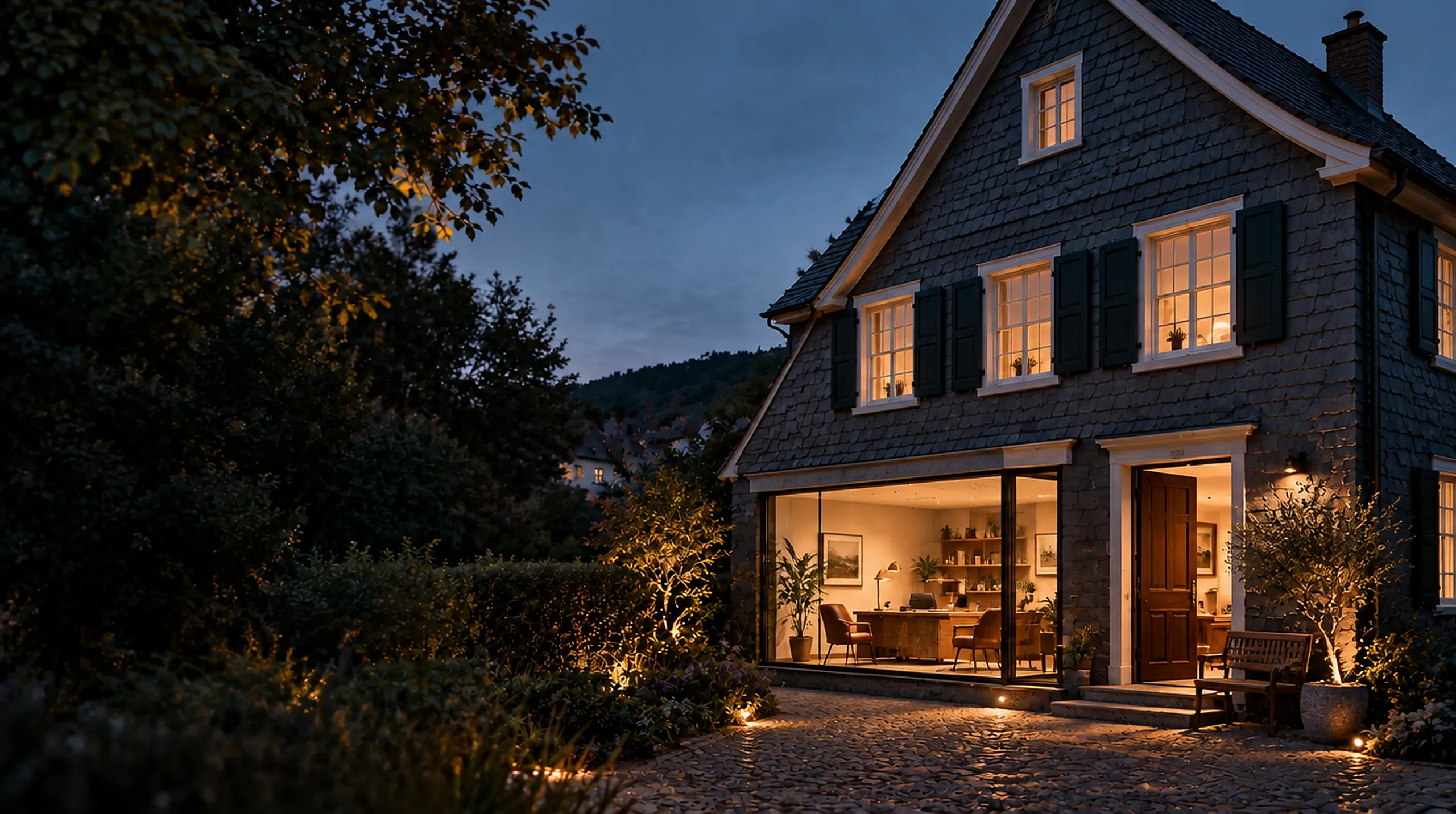 Schiefergedecktes Haus mit hell erleuchteten Fenstern am Abend